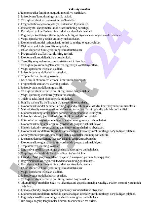 Ekonometrika fanining asosiy asoslari