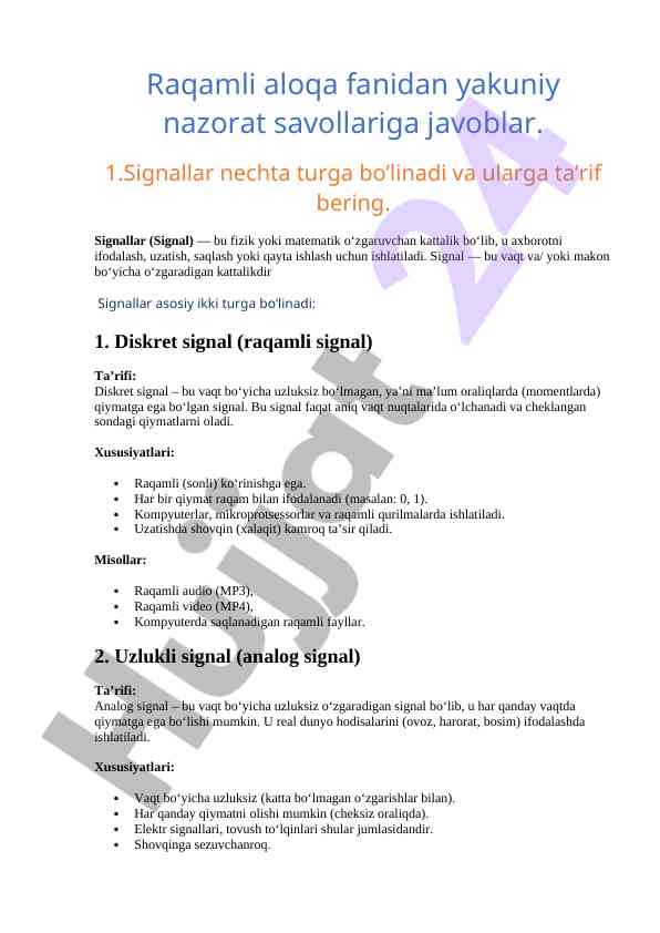 Raqamli aloqa fanidan yakuniy nazorat savollari