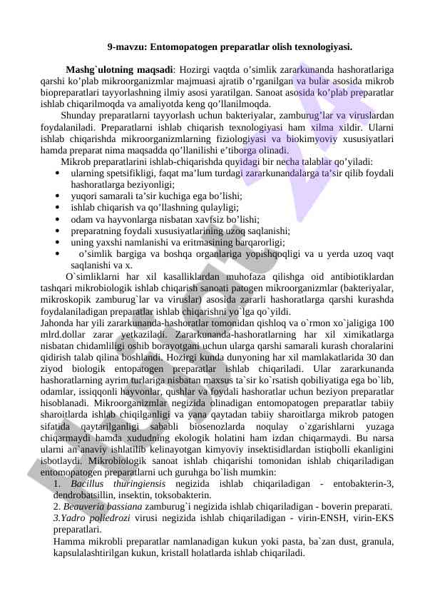 Entomopatogen preparatlar olish texnologiyasi