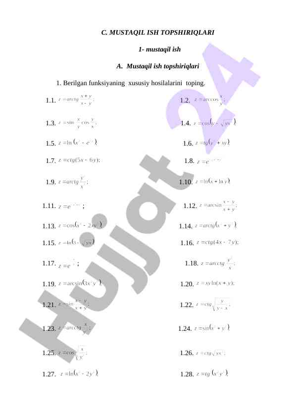 Berilgan funksiyaning xususiy hosilalari topilishi
