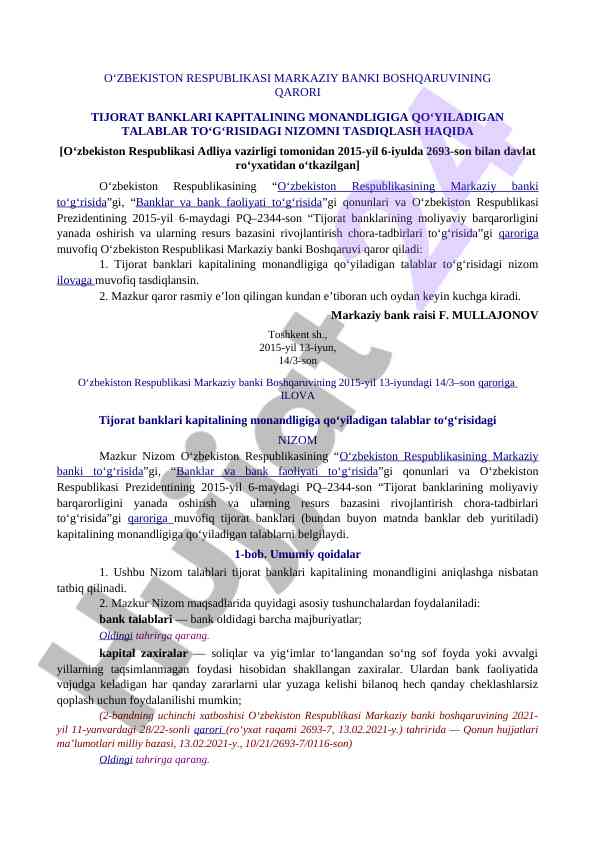 Tijorat banklari kapitali talablari nizomining tasdiqlanishi