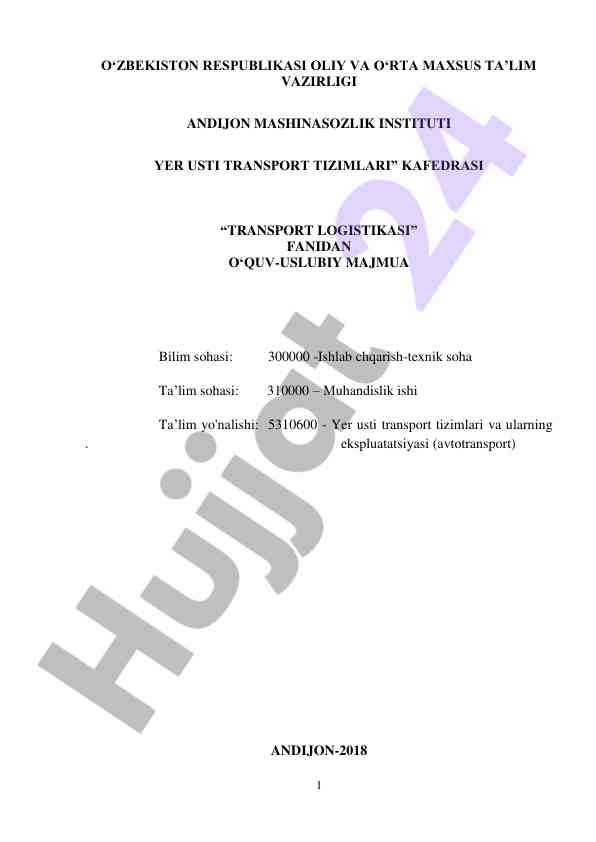Transport logistikasi o‘quv-uslubiy majmua