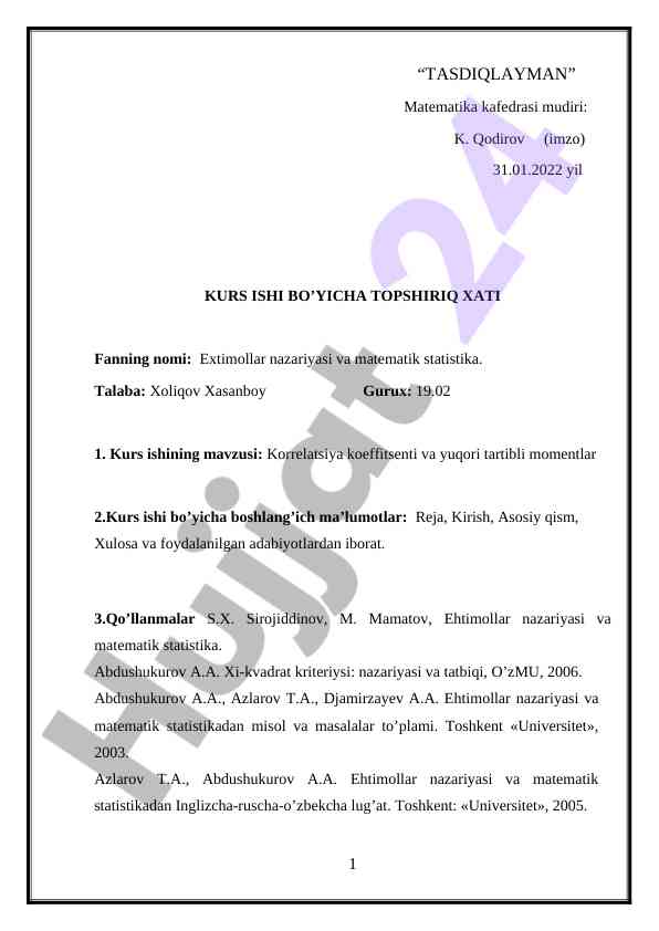 Korrelatsiya koeffitsenti va yuqori tartibli momentlar