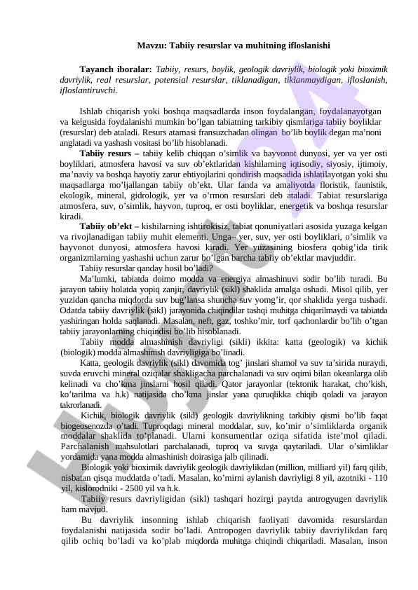 Tabiiy resurslar va muhitning ifloslanishi