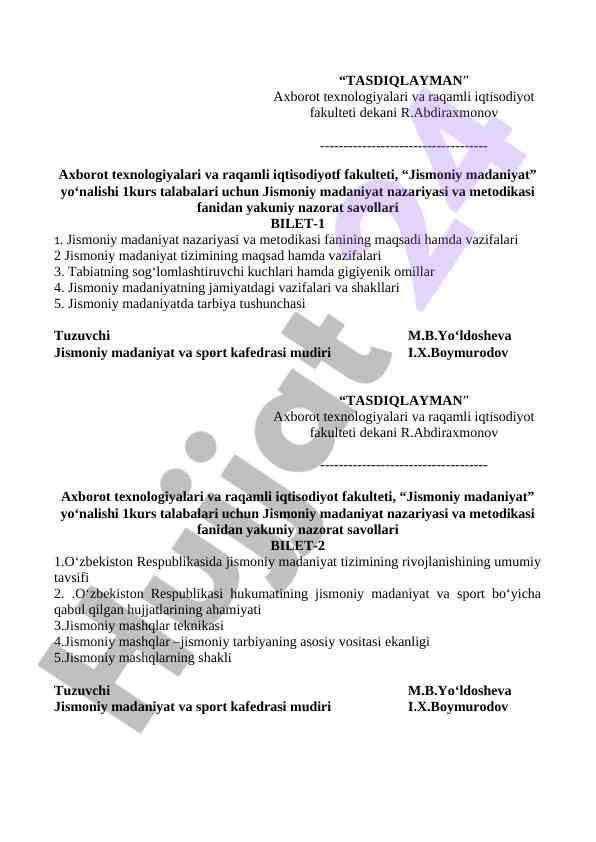 Jismoniy madaniyat nazariyasi va metodikasi savollari