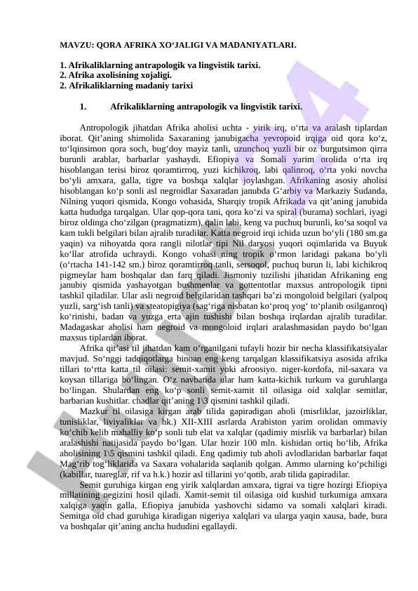 Qora afrika xo‘jaligi va madaniyatlari tahlili