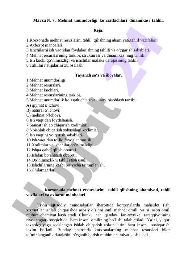 Mehnat unumdorligi ko’rsatkichlari dinamikasi tahlili
