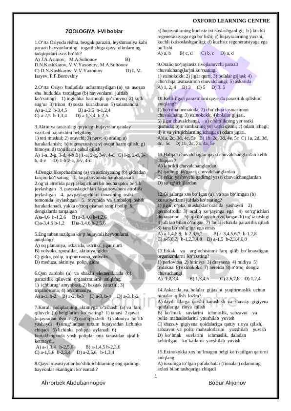 Zoologiya savollari va javoblari