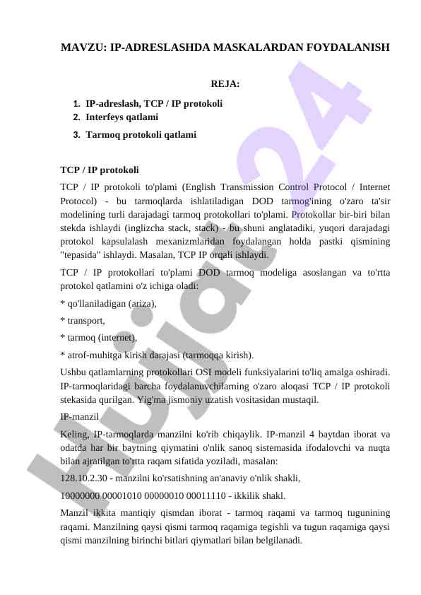Ip-adreslash va tcp/ip protokolida maskalar