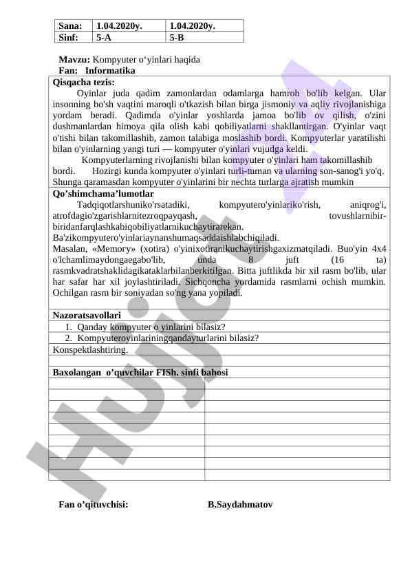 Kompyuter o'yinlari va elektron pochta tushunchalari