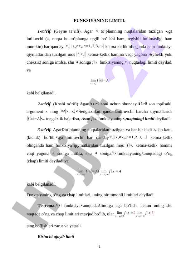 Funktsiyaning limiti haqida ta’riflar