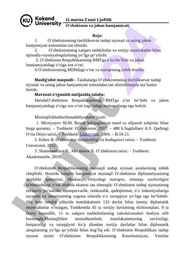 O‘zbekiston va jahon hamjamiyatining tinchliksevar siyosati