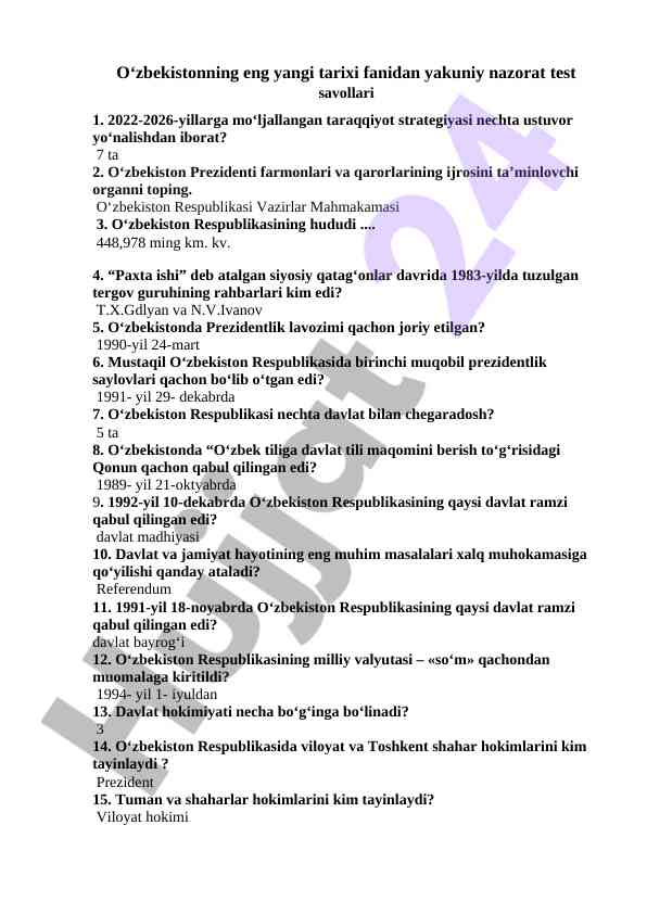 Oʻzbekistonning eng yangi tarixi fanidan test savollari