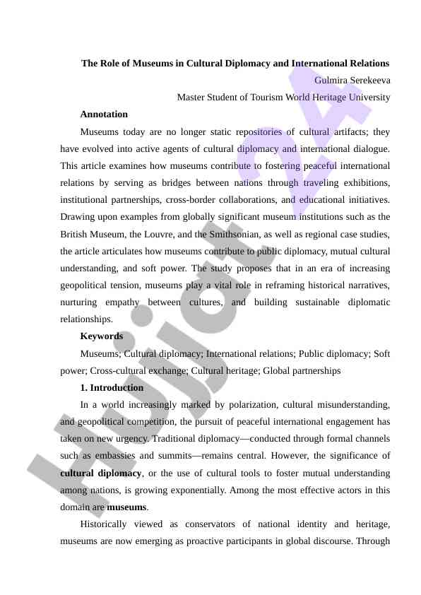 Muzeylarning madaniy diplomatiyadagi roli