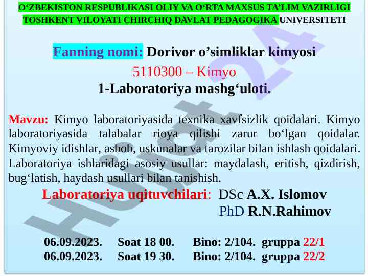 Kimyo laboratoriyasida texnika xavfsizlik qoidalari