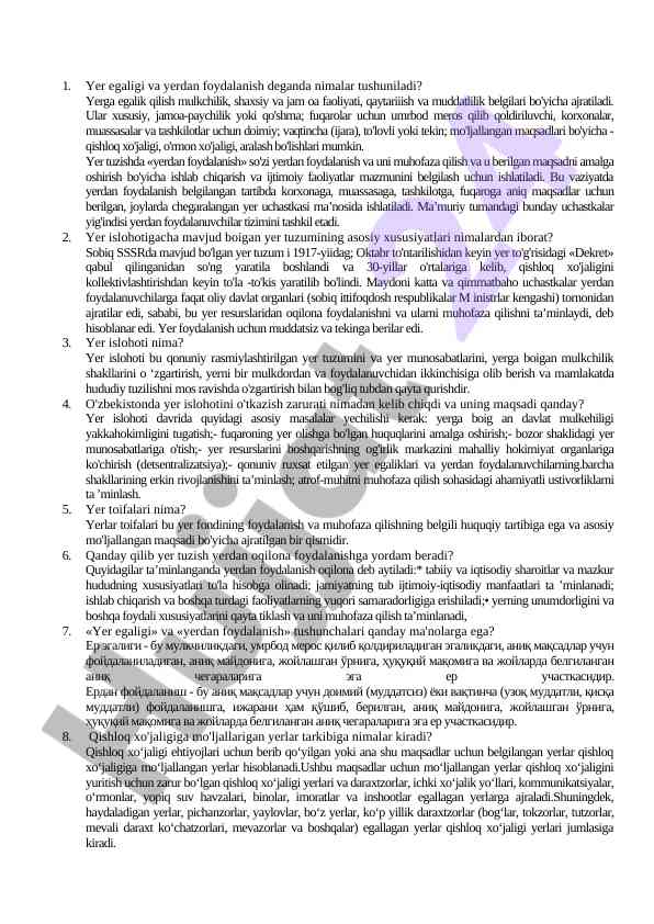 Yer egaligi va yerdan foydalanish konseptsiyasi