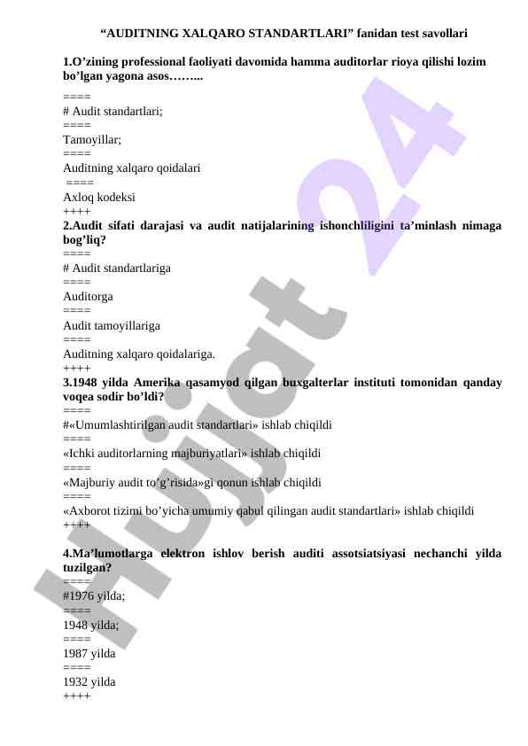 Auditning xalqaro standartlari fanidan test savollari