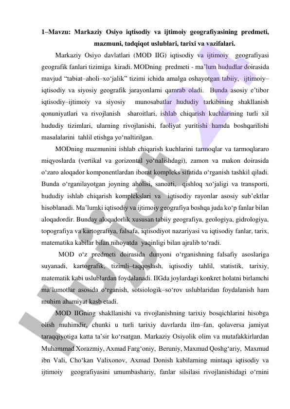 Markaziy osiyo iqtisodiy va ijtimoiy geografiyasi