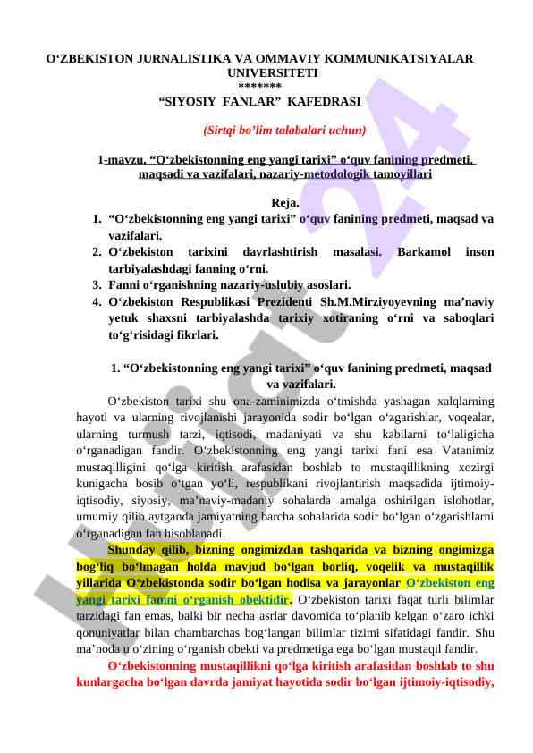 O‘zbekistonning eng yangi tarixi o‘quv fanining asoslari