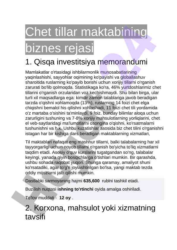 Chet tillarni o‘rganish biznes rejasi
