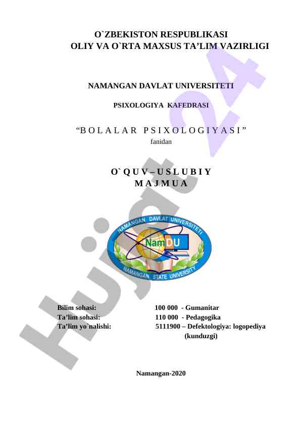 Bo‘lar psixologiyasi o‘quv usuliy majmua