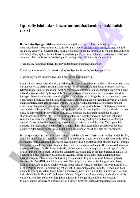 Iqtisodiy islohatlar va bozor munosabatlari tarixi