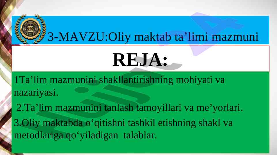 Oliy maktab ta'limi mazmuni va ta'lim shakllari