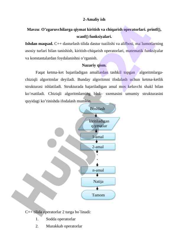 O’zgaruvchilarga qiymat kiritish va chiqarish operatorlari