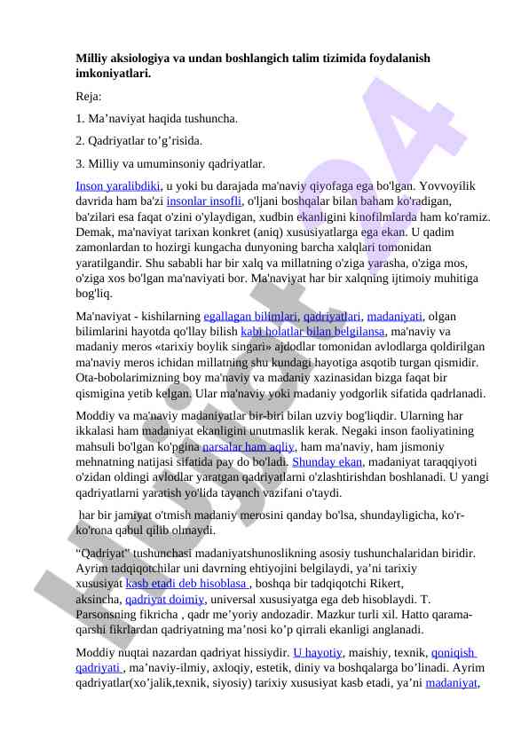 Milliy aksiologiya va talim tizimidagi foydalanish