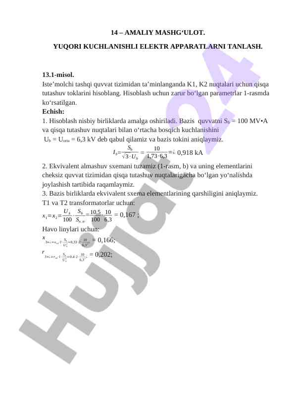 Elektr apparatlyarini tanlash amaliy mashg‘uloti