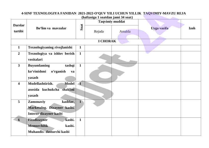 4-sinf texnologiya fanidan yillik taqvimiy reja