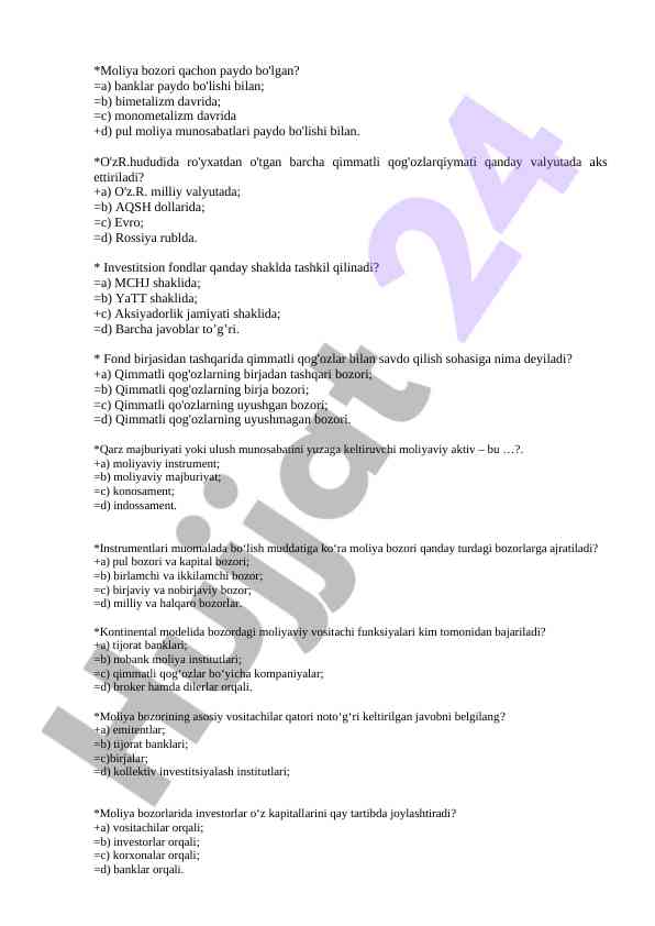 Moliya bozorida savdo mavzusi bo'yicha testlar