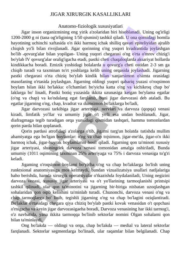 Jigar Xirurgik Kasalliklarining Xususiyatlari