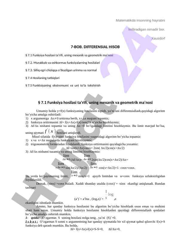 Differensial hisobning ta'rifi va uqish algoritmi
