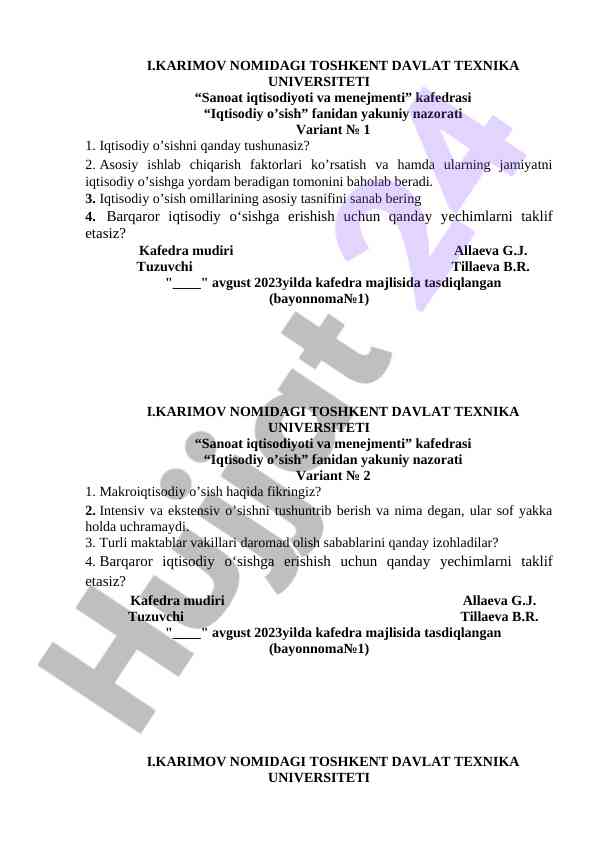 Iqtisodiy o‘sish fanidan yakuniy nazorat nazorat