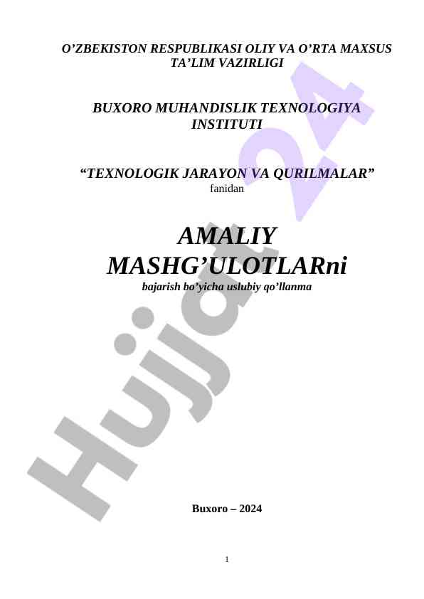 Texnologik jarayon va qurilmalar uslubiy qo‘llanma