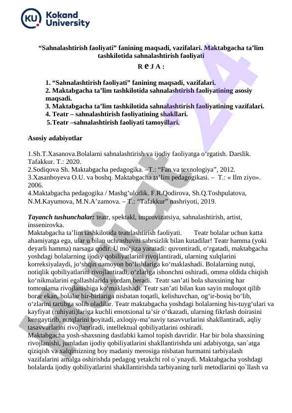 Sahnalashtirish Faoliyati Va Teatr