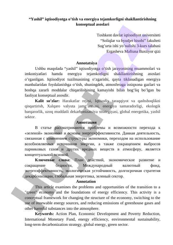 Yashil iqtisodiyotga o’tish va energiya tejamkorligi
