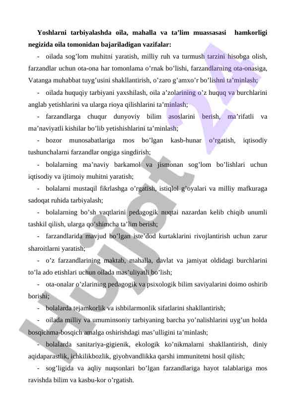 Yoshlarni tarbiyalashda oila va ta'lim hamkorligi