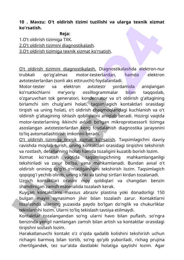 O't oldirish tizimi tuzilishi va texnik xizmat