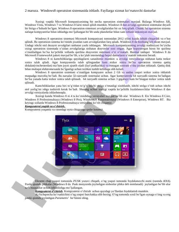 Windows 8 operatsion sistema va uning xususiyatlari