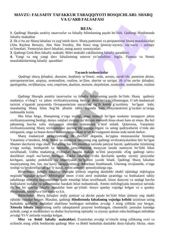 Falsafiy tafakkur taraqqiyoti bosqichlari: sharq va g‘arb