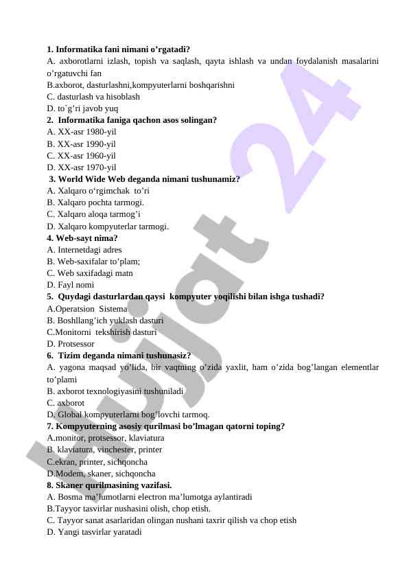 Informatika fani bo'yicha test savollari