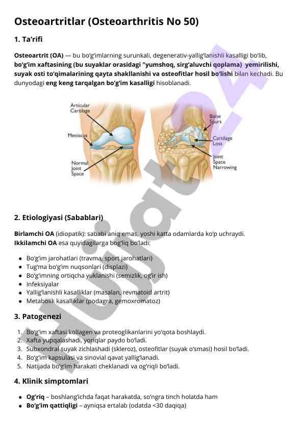 Osteoartrit va uning sabablari hamda patogenezi
