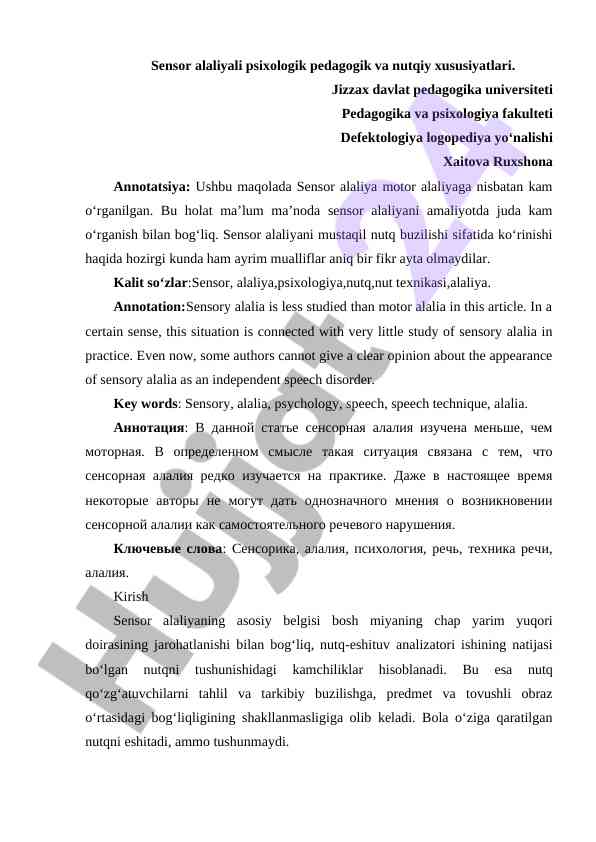Sensor alaliyali psixologik va nutqiy xususiyatlari