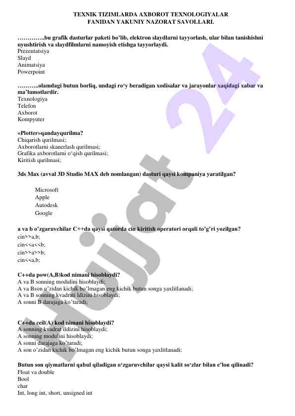 Axborot texnologiyalari fanidan yakuniy nazorat savollari