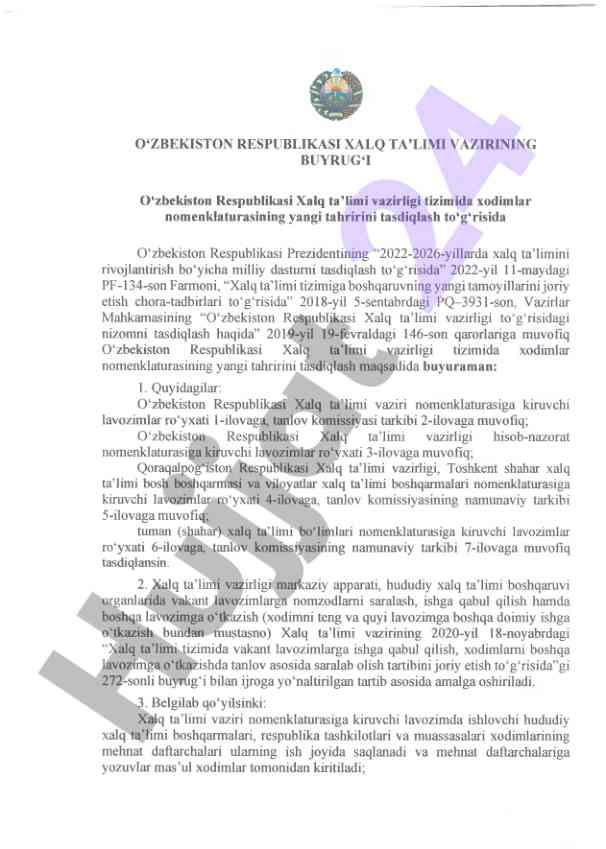 Xalq ta’limi tizimida xodimlar nomenklaturasining yangilanishi