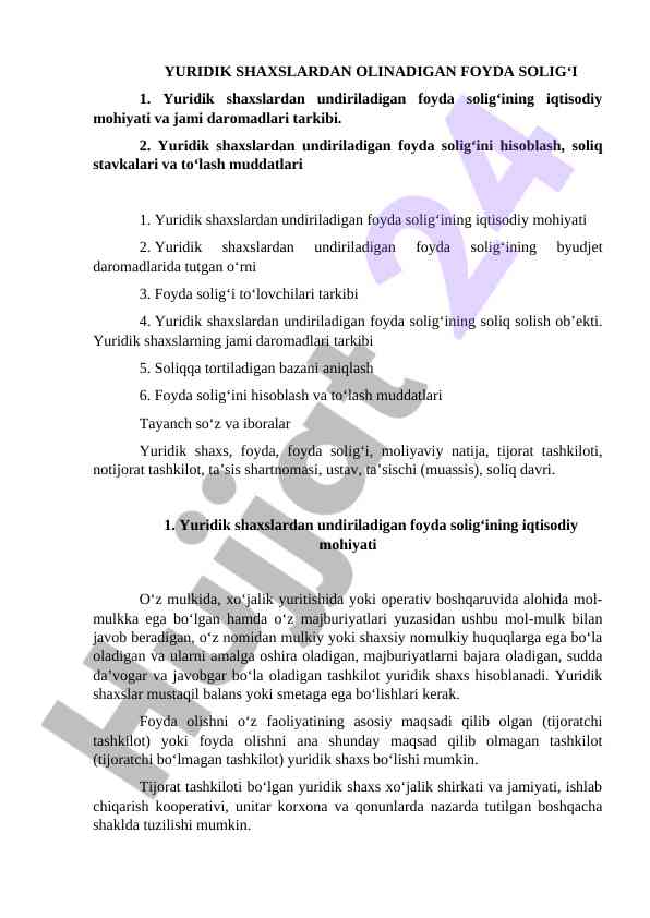 Yuridik shaxslardan olinadigan foyda soliği tahlili