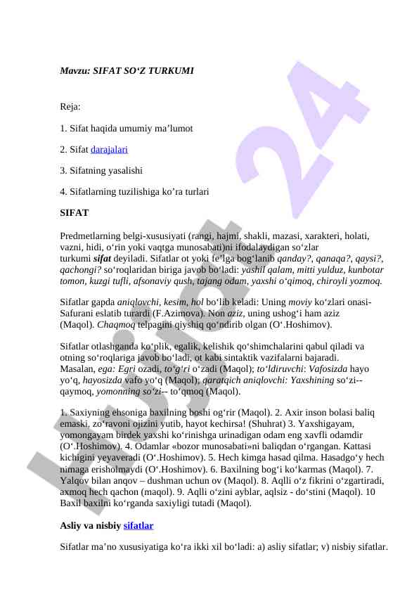 Sifat so'z turkumining o'rganilishi
