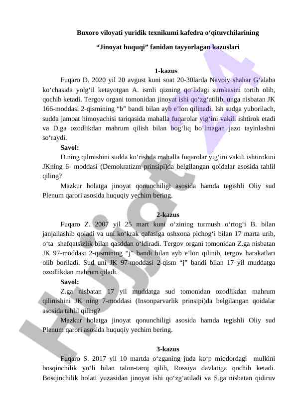 Jinoyat Huquqi: Kazuslar Tahlili